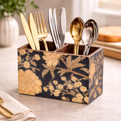 Image of Wooden Cutlery Holder with 2 Sections | Black Floral Design Spoon Stand | Cutlery stand for dining table & Kitchen | Chammach Stand| Cutlery holder for dining table(10 x 16 x 12 cm)