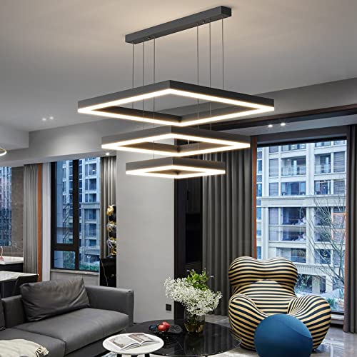 Mikeru 40+60+80CM Three Layers Minimalist Pendant Lamp, 100W Modern LED Pendant Light, Square Chandelier Flush Mount Hanging Light for Kitchen Island, Dining Room, Living Room