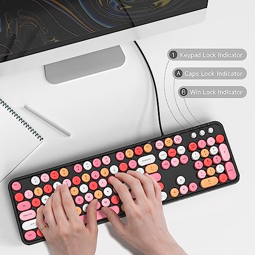 Image of MOWUX Computer Keyboard Wired, Plug and Play USB Retro Round Typewriter Keyboard, Full Size Wired Keyboard with Foldable Stands for Laptop and Office PC- Black Colorful