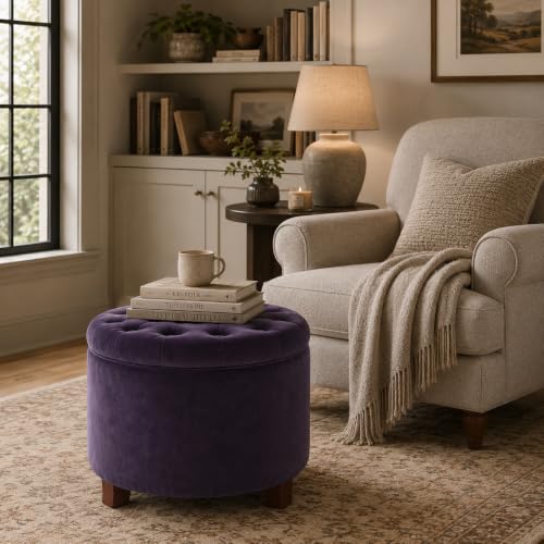 Image of HomePop 19 inch Velvet Button Tufted Round Storage Ottoman - Deep Purple