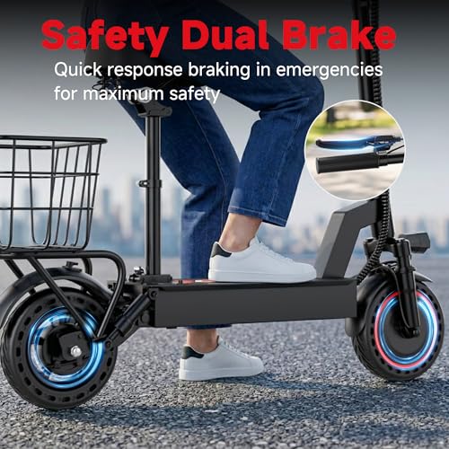 Image of Electric Scooter with Seat, 500W Motor, 20 MPH & 21 Miles Range, 10 Inch Solid Tires, Front Suspension, Foldable Commuter E-Scooter with LCD Display, Dual Braking and Basket