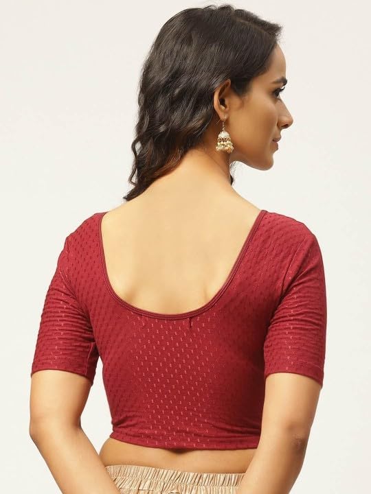 Round Neck Pure Dobby Cotton Stretchable Elbow Sleeve Readymade Saree Blouse for Women Stylish (208_lightmaroon_3XL) - Image 8