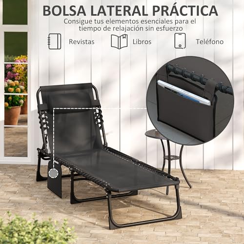 Outsunny Tumbona Plegable, Tumbona Jardín Exterior Reclinable 5 Posiciones, con Reposacabezas Acolchado, Bolsillo Lateral y Estructura de Acero, para Terraza, Piscina, 189x58x30 cm, Negro - imagen 7