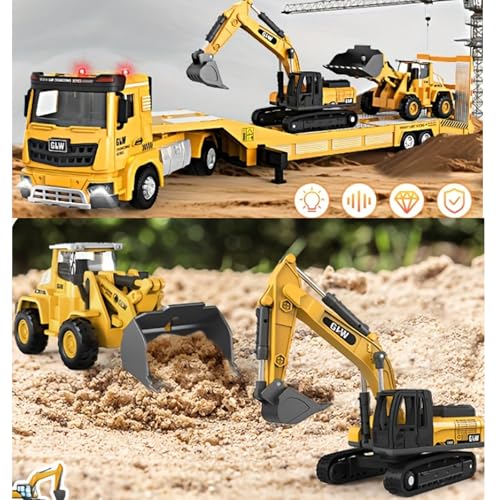 Unimoly Alloy Die-Cast Construction Vehicles Toys Set w/Semi Truck, Excavator & Bulldozer - Real Lights & Sounds, Movable Parts - Learning Toys Gift for 3-7 Year Old Boys Girls - Image 6