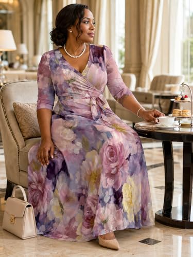 Image of SUZONANA Plus Size Dresses for Women Floral Print Maxi Dress Flowy 3 /4 Sleeve with Belt