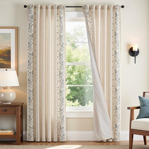 Image of jinchan Blue Floral Linen Curtains for Living Room 84 inch Back Tab 2 Panels
