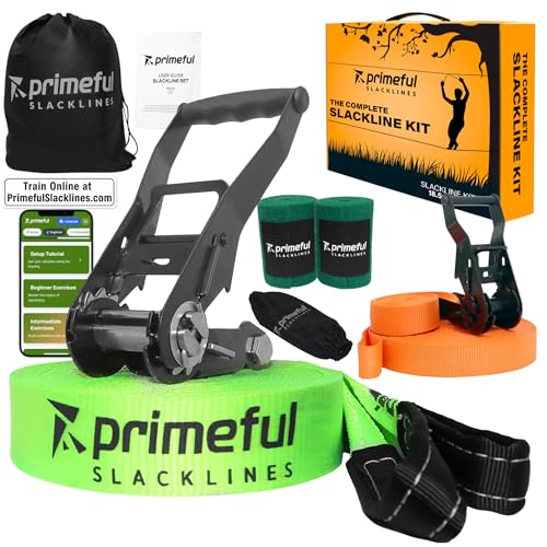 Primeful® Slackline Komplettset 18,5m - Das All-in-One Set für Kinder & Erwachsene inkl. Trainingsleine, Baumschutz & ergonomischer Ratsche (Green Slackline with Training line)