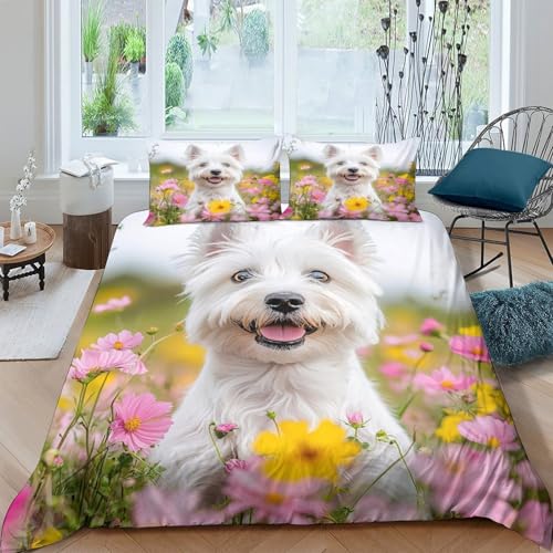 Housse de couette chien blanc 3D en microfibre douce pour lit double
