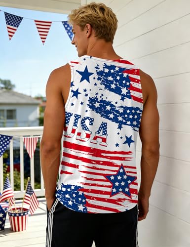 Image of Ithalt USA Tank Top Men 4th of July Patriotic Sleeveless American Flag Workout Shirt Summer Beach Independence Day