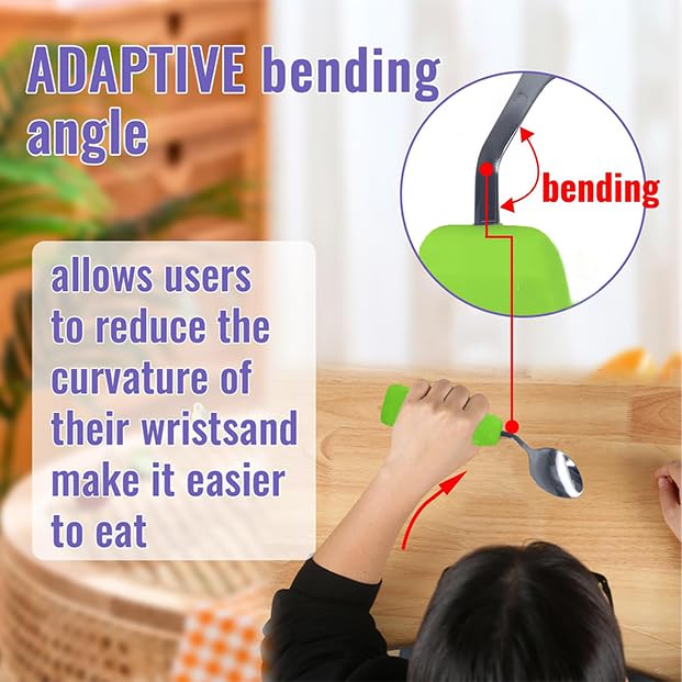 Image of Adaptive Utensils Angled Spoon and Fork for Hand Tremors Parkinsons,Weighted Utensils with Non-Slip Easy Grip Handles for Independent Eating (1pcs Spoon+1pcs Fork=2 pcs,Green,Left Hand)