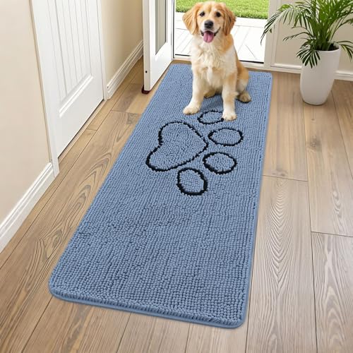Image of Smiry Dog Door Mat for Muddy Paws, Absorbent Dirt Trapper Non Slip Quick Dry Washable Chenille Mat for Mud Dogs, Entry Rug for Indoor and Outdoor (59x24 Inches, Airy Blue and Black)