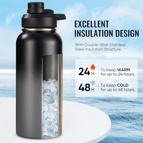 Image of Fijinhom Insulated Water Bottle with Handle, 304 Stainless Steel Water Bottles with Wide Mouth, Double Wall Vacuum Sports Water Bottle, BPA Free, Keep Cold and Hot, 32 Ounces Black /Gray