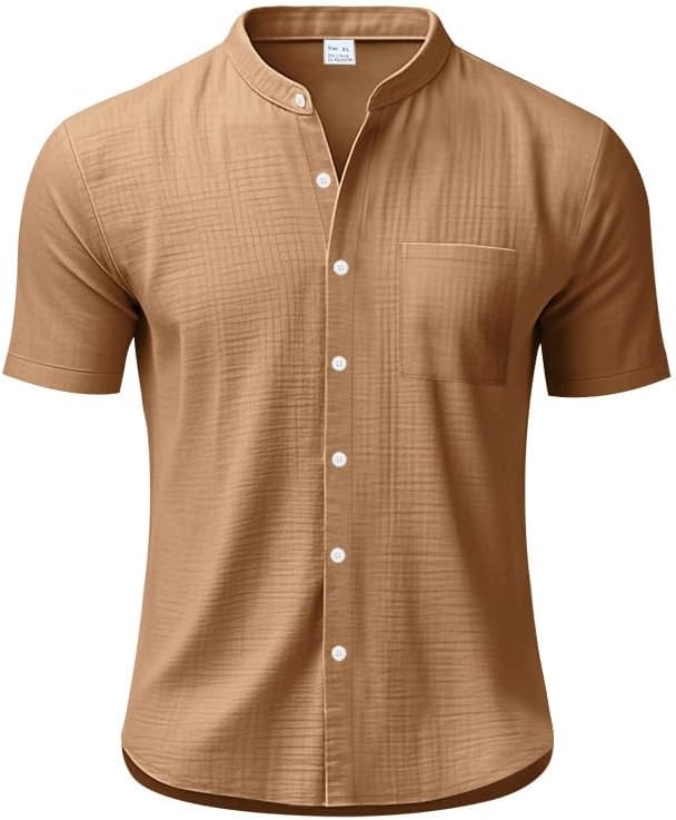 Men's Cotton-Linen Shirt - Short Sleeve Button Down Breathable Business Casual Shirt with Pocket for Vacations - Image 3