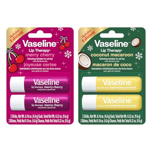 Vaseline Holiday Edition Lip Therapy Set, Merry Cherry and Coconut Macaroon Flavors, 4 Sticks Total, 0.16 oz Each
