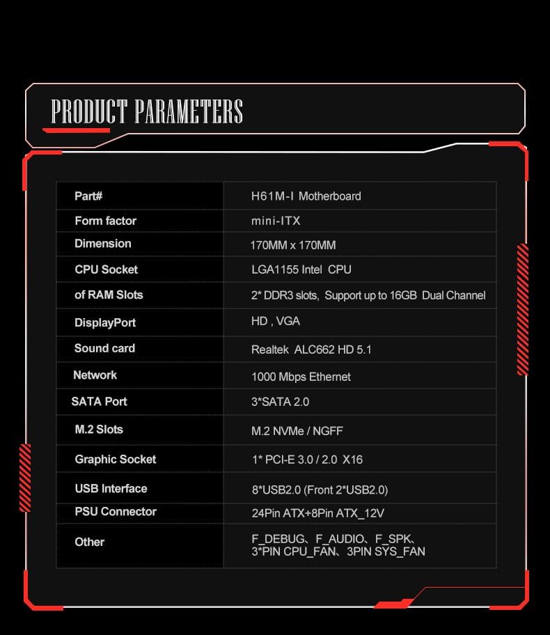 JMT H61M-I Motherboard Product Parameters Table