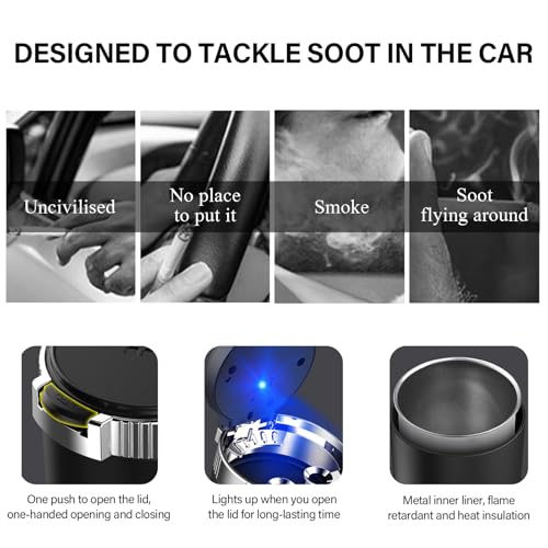 Image of KVAEY Car Ashtray with Lid, Mini Portable Car Ashtray, Detachable Stainless Steel Smokeless Ash tray with LED Blue Light, Windproof Cars Accessory for Travel Car Smokers (Blue, 1pcs)