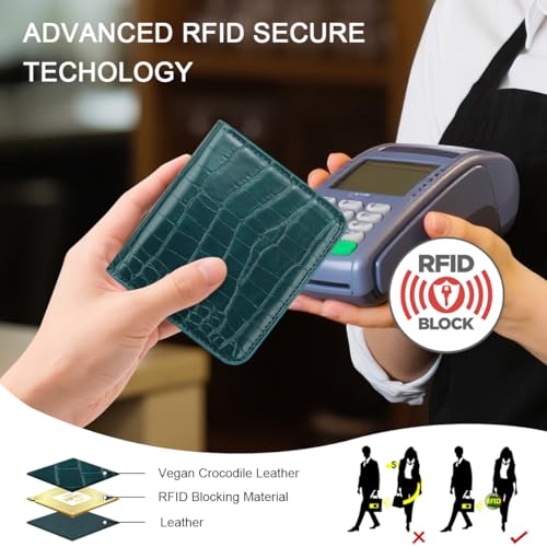Image of Crocodile Wallets Women Small RFID Blocking Credit Card Holder | Luxury Alligator Faux Leather Thin Bifold Croc Womens Wallet Ladies Mini Purse with Coin Pocket, Dark Green