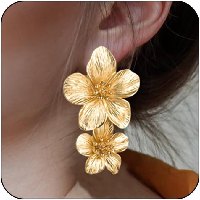 Statement Gold Daisy Floral Stud & Drop Chunky Earrings - Trendy Large Metal Flower Earrings for Women