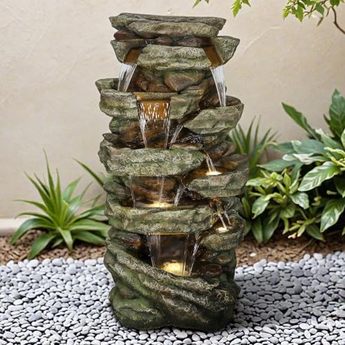 Image of SunJet 59 inch High Multi-Tiers Cascading Rock Outdoor Water Fountain with LED Lights - Large Outdoor Fountains and Waterfalls for Garden or Patio, Yard, and Deck Decor, Featuring Natural Stone Look