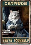 Placa de metal con diseño de gato y té, decoración de pared para granjas, aperitivos, supermercados, centros comerciales, restaurantes de comida rápida, letrero de aluminio de 8 x 12 pulgadas