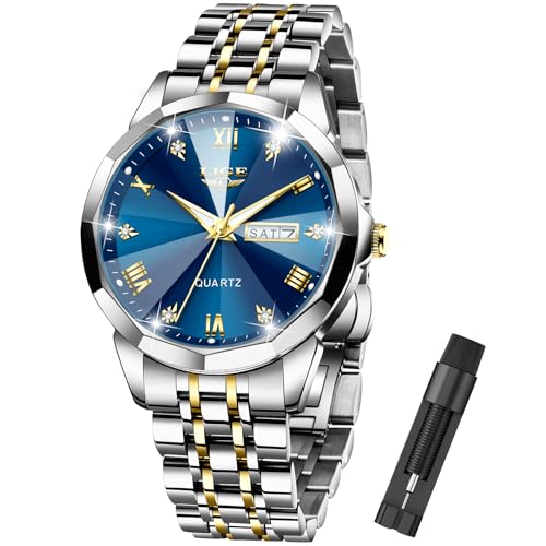 LIGE Herren Uhren Wasserdicht Quarz Watches for Men Edelstahl Männer Uhr Mit Datum Business Silber Gold Elstahlarmband Leuchtend Armbanduhren für Herren,BlauGold LIGE Herren Uhren Wasserdicht Quarz Watches for Men Edelstahl Männer Uhr Mit Datum Business Silber Gold Elstahlarmband Leuchtend Armbanduhren für Herren,BlauGold