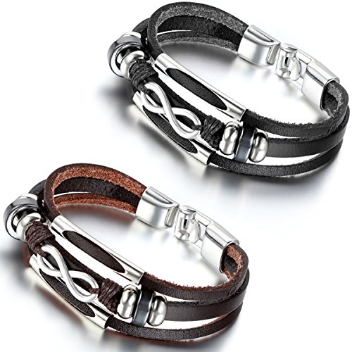 Flongo Lederarmband, 2 Stück Leder Echtleder Armband Armreifen Kordelkette Schwarz Braun Silber Infinity Unendlichkeit Lieben Zeichen Symbol 8 Motorradfahrer Biker Herren,Damen