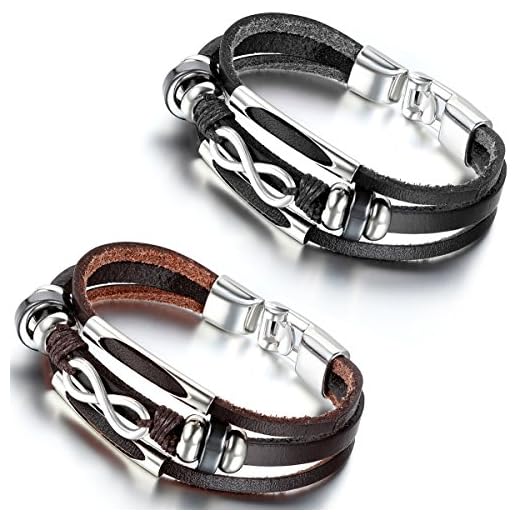 Flongo läderarmband, 2 stycken läder äkta läder armband armrem kedja svart brun silver Infinity oändlighet kärlek tecken symbol 8 motorcykelförare cyklist män, kvinnor