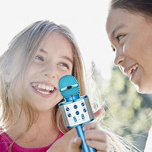 Image of VRJTEC 2-in-1 Wireless Karaoke Mic with Inbuilt Speaker | Portable Singing Microphone with Audio Recording Card Slot Aux Port USB Charging | Ideal for Home Parties Events (Blue & Silver)