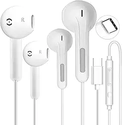 Pacote com 2 fones de ouvido USB C para iPhone 16/15 Pro Max/Plus, fones de ouvido com fio com microfone e controle de volume, fones de ouvido estéreo HiFi tipo C com cancelamento de ruído com fio