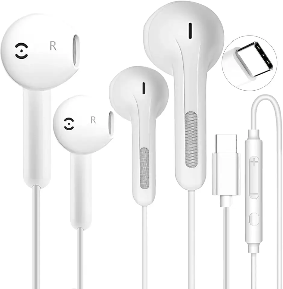 Pacote com 2 fones de ouvido USB C para iPhone 16/15 Pro Max/Plus, fones de ouvido com fio com microfone e controle de volume, fones de ouvido estéreo HiFi tipo C com cancelamento de ruído com fio