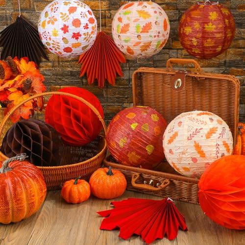 Image of Retisee 18 Pcs Fall Party Decoration, Maple leaf design, Autumn Paper Decor | Fall Paper Lanterns, Maple Leaves Hanging Fans, Honeycomb Orange Brown Lanterns for Thanksgiving Harvest Party