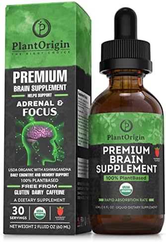 PLANTORIGIN Premium Brain Nootropic Drops |Memory Focus & Concentration | Ashwagandha Ginseng & Ginkgo Biloba | USDA Organic Vegan & Non GMO | Gluten Free 30 Servings 2 OZ