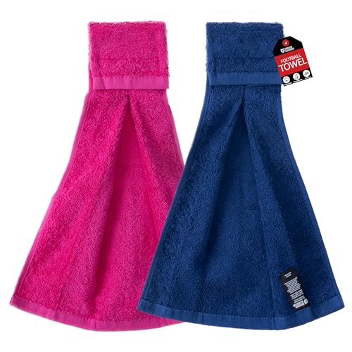 Gridiron Gladiator Cotton Football Towel - Absorbent Football Towels QB - Belt Loop for QB Gear - Sideline Essential - Navy Blue and Dark Pink - 15 inches by 12 inches