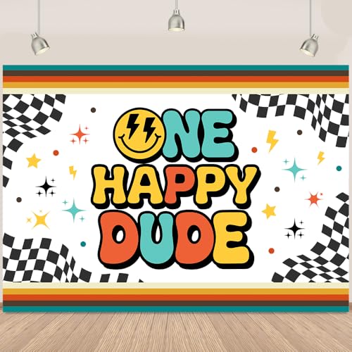 One Happy Dude Backdrop Banner Smile Face 1st Birthday Backdrop Black White Grid Photography Background for Boy Black Colorful Star One Happy Dude Birthday Decorations Photo Props 5x3Ft