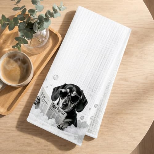 Image of 2Pcs Funny Dachshund Hand Towel for Bathroom 24x14 Inch, Cute Dog Absorbent Soft Microfiber Dish Cloth Bathroom Towel, Waffle Hand Towels for Toilet Home Decor, Dachshund Gifts