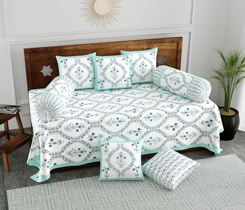 Image of BLOCKS OF INDIA 200TC Diwan Set Cotton 8 Piece | Deewan Printed Bedsheet Sets for Living Room Hall (Set of 8 Piece, 1-Bed Sheet | 2-Bolster Cover | 5-Cushion Cover (Turquoise BEL)