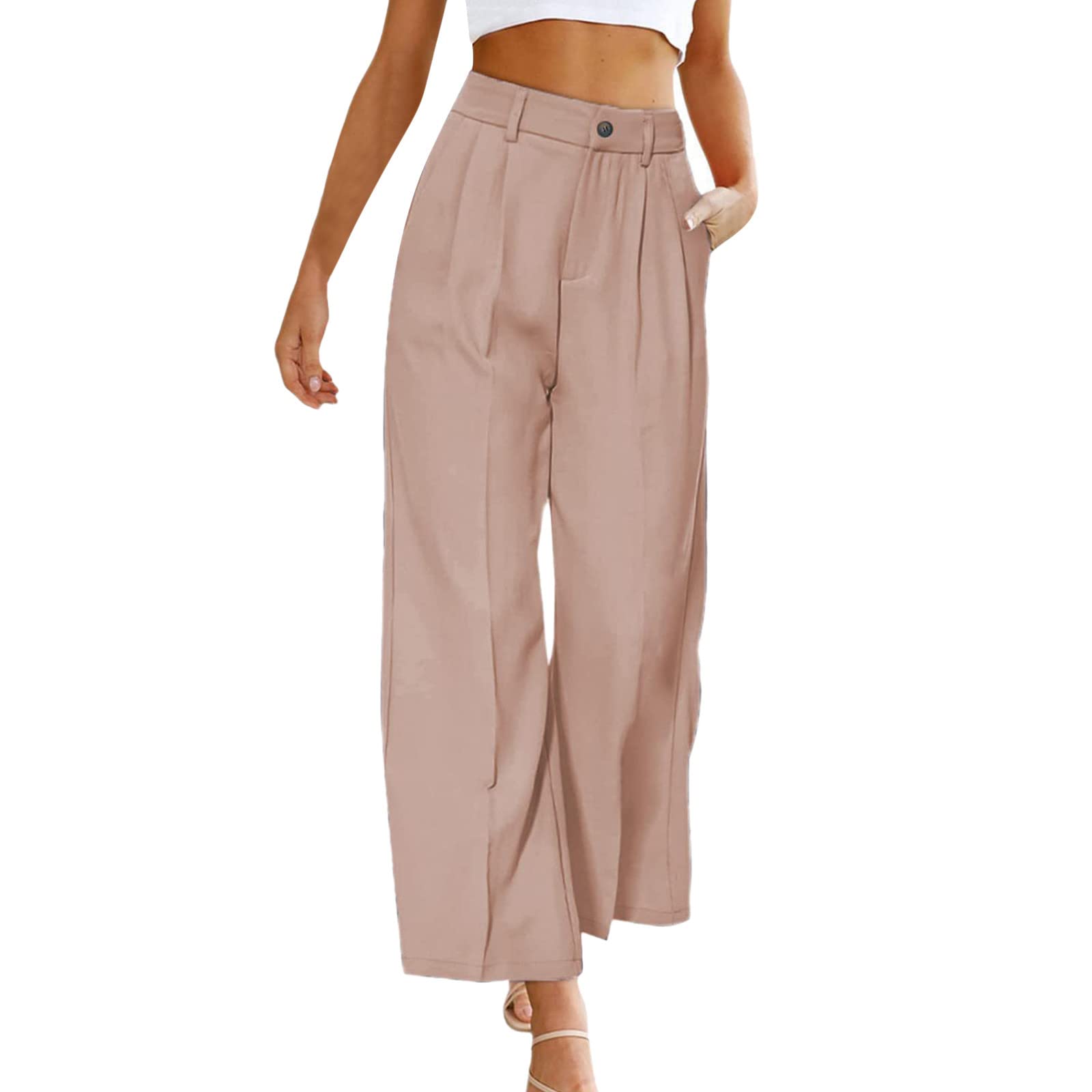 YOLAI Womens Casual High Waisted Wide Leg Pants Work Straight Leg Trousers with Pockets