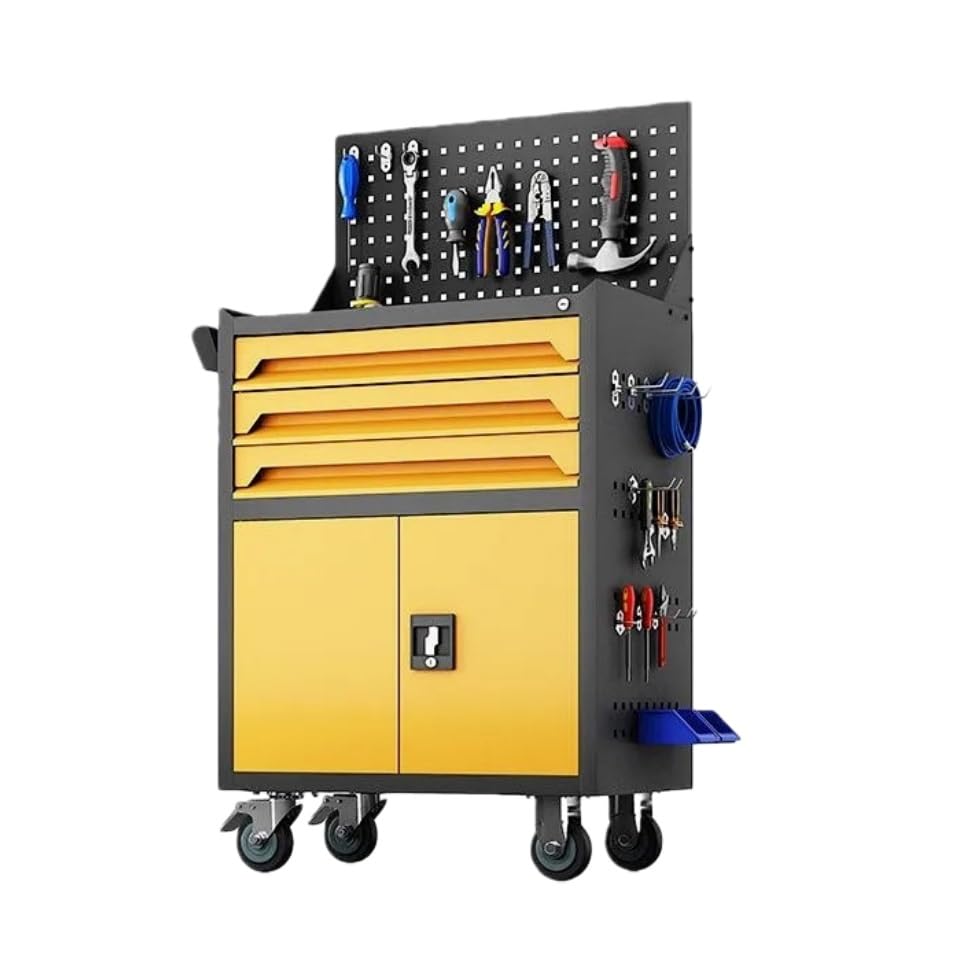 Carro de herramientas con tablero de clavijas de 3 lados rodante y caja de herramientas para Ga Worhop y almacén - le nizer en amarillo
