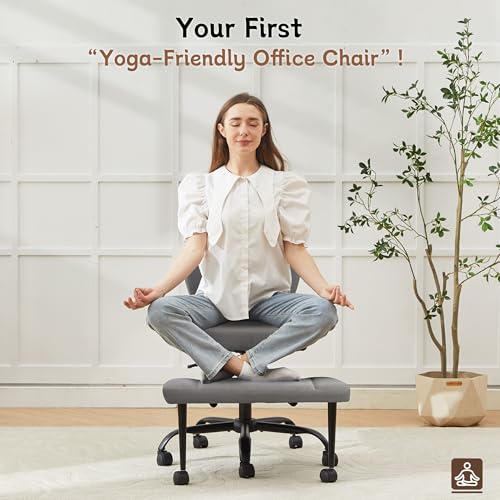 Image of Ergonomic Criss Cross Legged Office Chair, ADHD Chair, 360 Swivel Meditation Kneeling Chair with Wheels, Adjustable Footrest, Bigger & Wider Height Adjustable Seat, Strong Lumbar Support, Greycloth