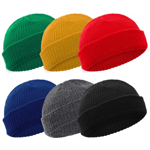 Fzxdfg 6 Pieces Short Fisherman Beanie for Men Women Roll-up Edge Knit Elastic Cap Winter Warm Hat (US Alpha One Size BlackYellowredGreenDark GrayDark Blue)