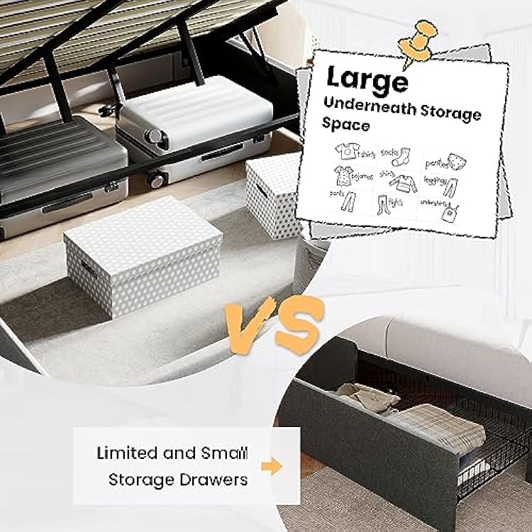 SHA CERLIN Queen Size Lift Up Storage Bed/Modern Wingback Headboard/Upholstered Platform Bed Frame/Hydraulic Storage/No Box Spring Needed/Wood Slats Support/Light Grey