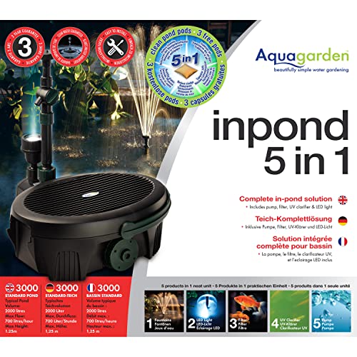 Aquagarden Inpond 5 in 1 3000 | Teichpumpe mit Filter, UV-Klärer, LED-Licht & Brunnenaufsätzen | Komplettsystem für sauberes Wasser & Deko | für Standard-Teiche bis 3.000 l