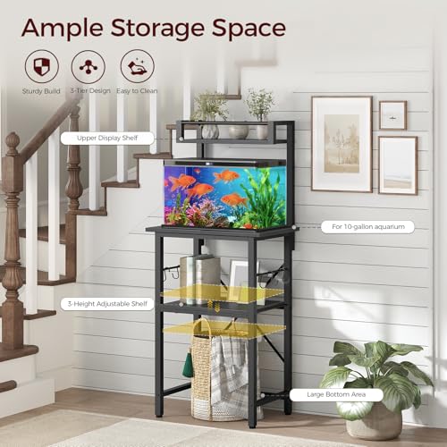 MAHANCRIS 5-10 Gallon Fish Tank Stand, 3 Tier Aquarium Stand with Adjustable Storage Shelf and Hook, Heavy-Duty Reptile Terrarium Stand for Home Office, 20.5\" L x 11.2\" W x 50.4\" H, Black FTBK5101