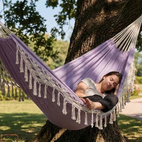 Double Boho Macrame Hammock with Elegant Tassels for Patio, Yard, Beach Wedding Decor, Outdoor and Indoor Up to 450lbs Include Tie Ropes and Drawstring Bag （ Light Purple） by YAERSI - Image 4