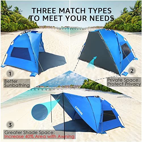 Beach Tent Sun Shelter, Luxcol 6 Person Pup Up Sun Tent Portable Shade Upf 50+ Double Silver Coating Extra Large Folding No-Installation Tent With Removable Awning, Family Travel Tent Blue #TOP3