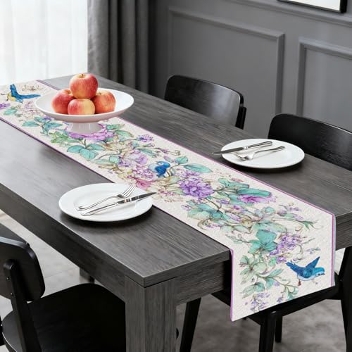 Image of Nuxovilar Blue Bird Floral Table Runner Flax 13x72 in | Holiday Runner Flax Placemats Dining Accessories Set Casual Meal Nature Event Room (Watercolor Blue Bird)