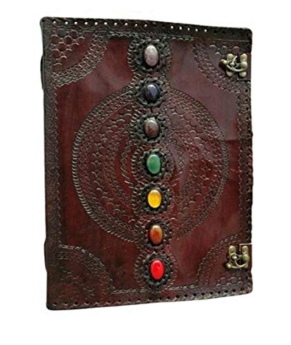 Handmade large seven stone journal, embossed leather journal, leather grimoire writing notebook, book of shadows, grimoire spell book, writing leather sketchbook brown 10 x 13 (office product)