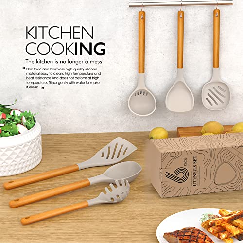 Large Silicone Cooking Utensils Set - Heat Resistant Silicone Utensils For Cooking W Long Wooden Handles, Kitchen Utensil Spatula Set, Kitchen Gadgets For Non-Stick Cookware, Bpa Free(Khaki) #TOP3