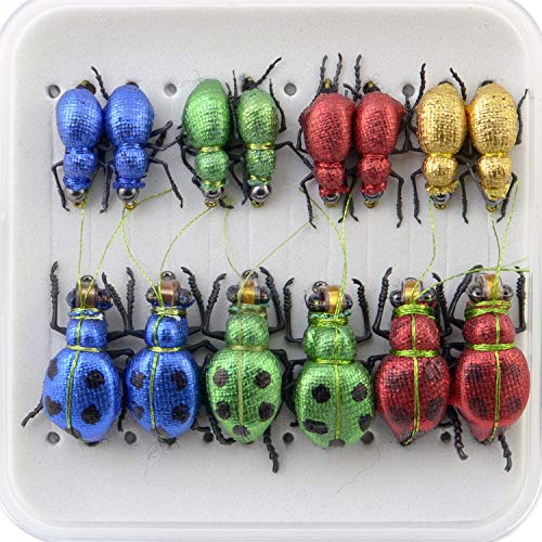 YAZHIDA Realistic Flies Fly Fishing Flies kit - Fly Assortment Trout Bass Fishing with Fly Box, with Dry/Wet Flies, Nymphs, Streamers,Fly Poppers (Beetle)