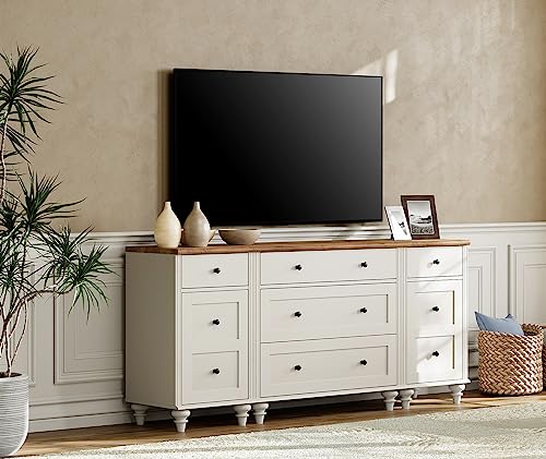 WAMPAT Modern TV Stand for 75 Inches TV,Wood Dresser with 5 Drawers and 2 Doors,Nightstands with Charging Station for Living Room Wood TV Console Table for 70 65 80 inch TV for Bedroom,White